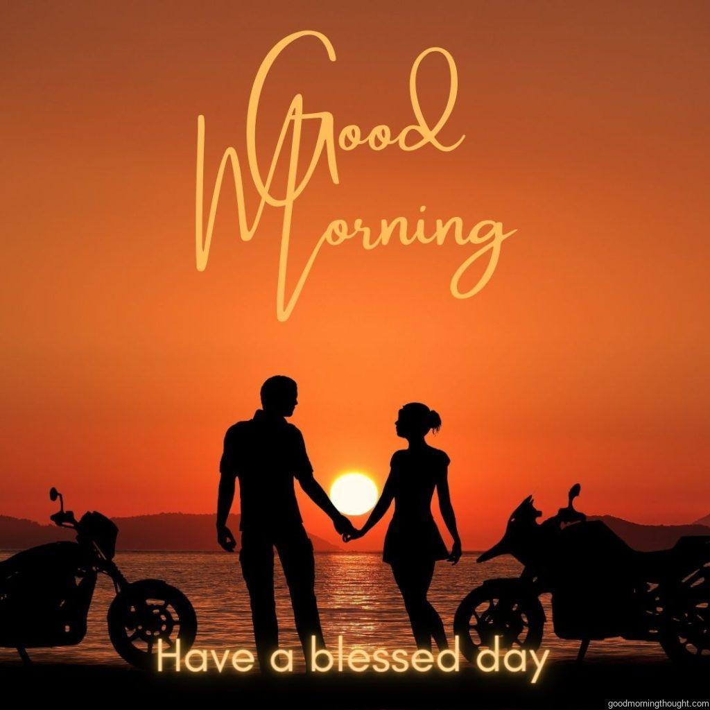 Good Morning Blessings. Couple on Sea Beach with motorbike