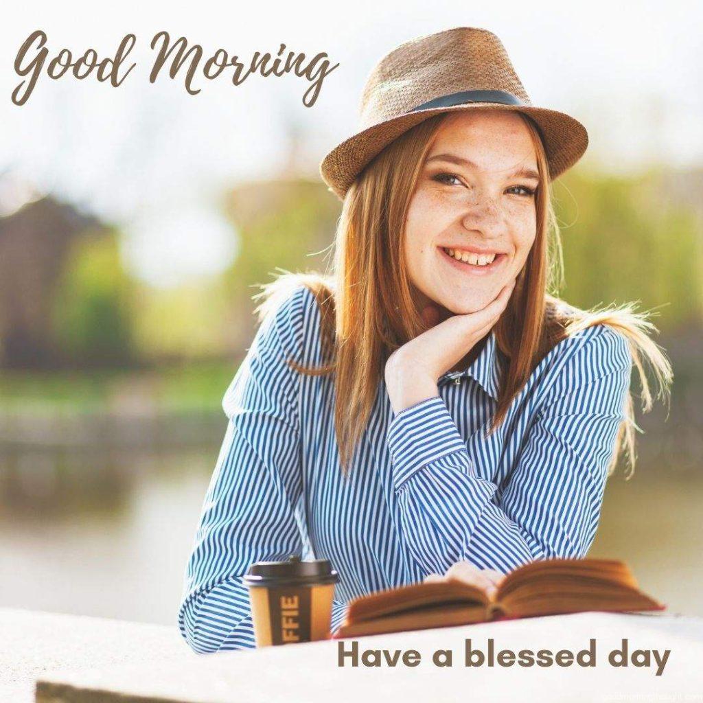 Beautiful lady smiling and reading book. Have a blessed day