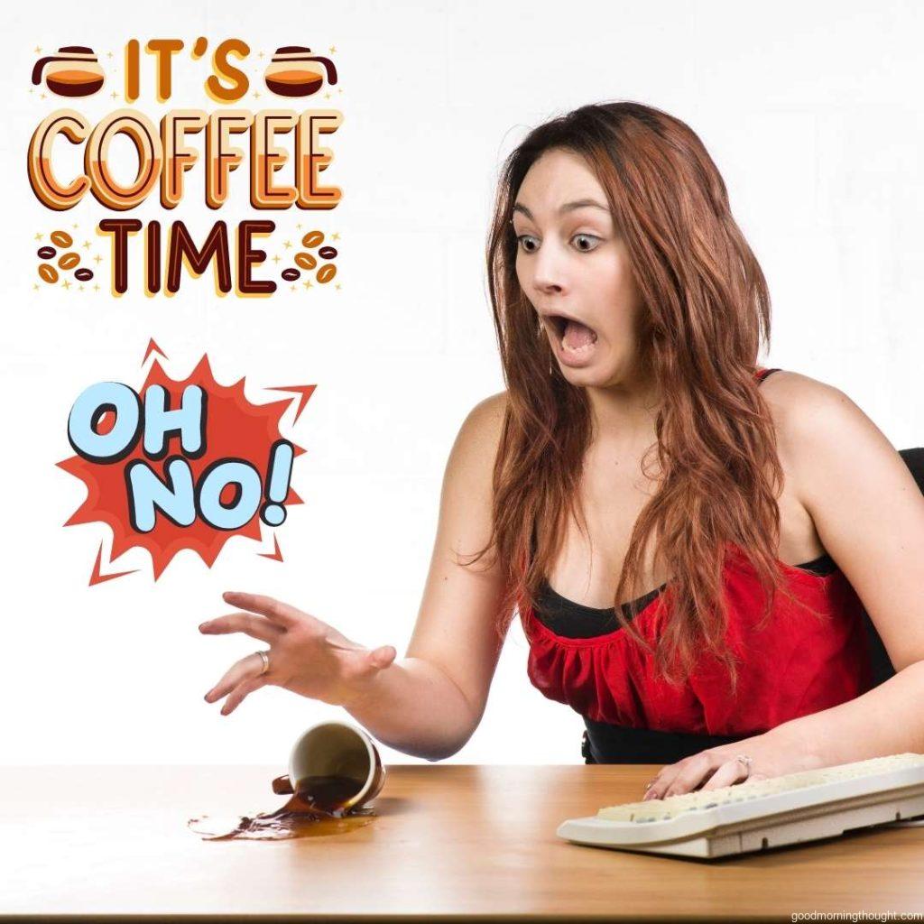 A Caucasian girl with red hair behind a desk spilling coffee against a white background