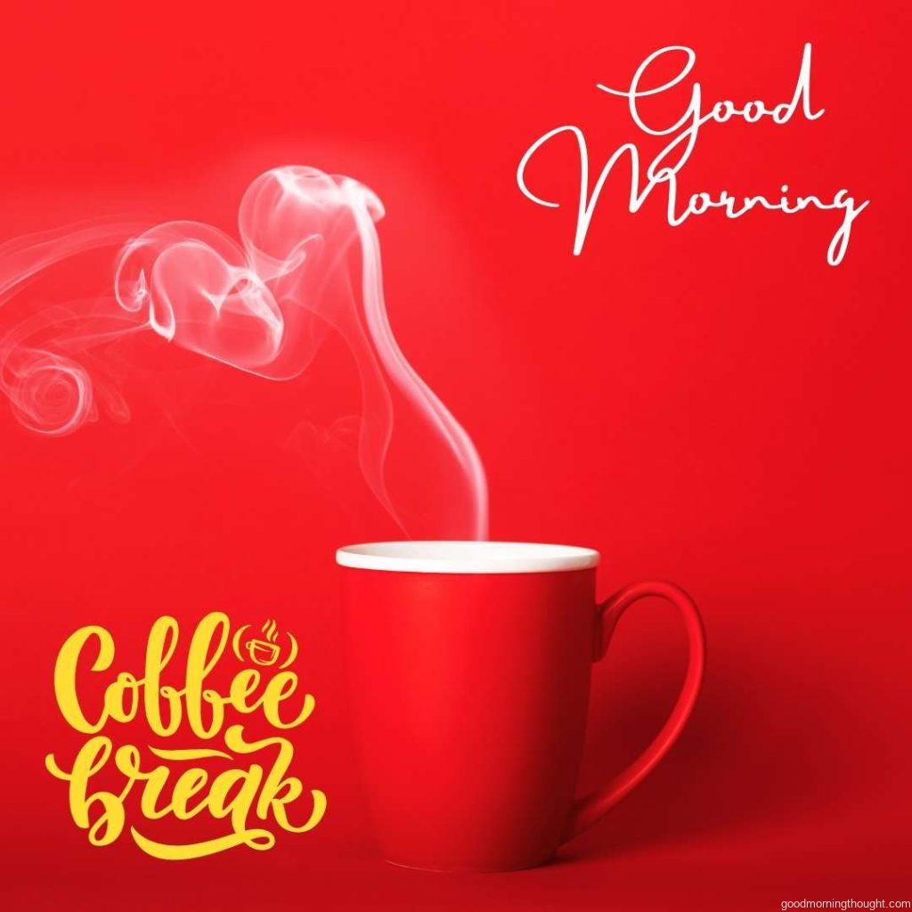 A cup of fragrant coffee on red background. Aroma steam in the shape of heart with good morning coffee break message