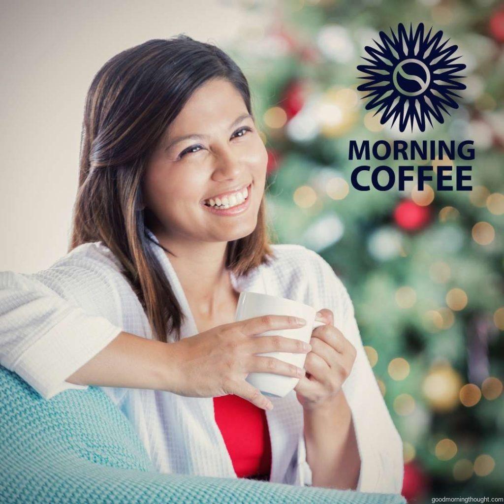 Beautiful and adult asian women drinking coffee on christmas morning