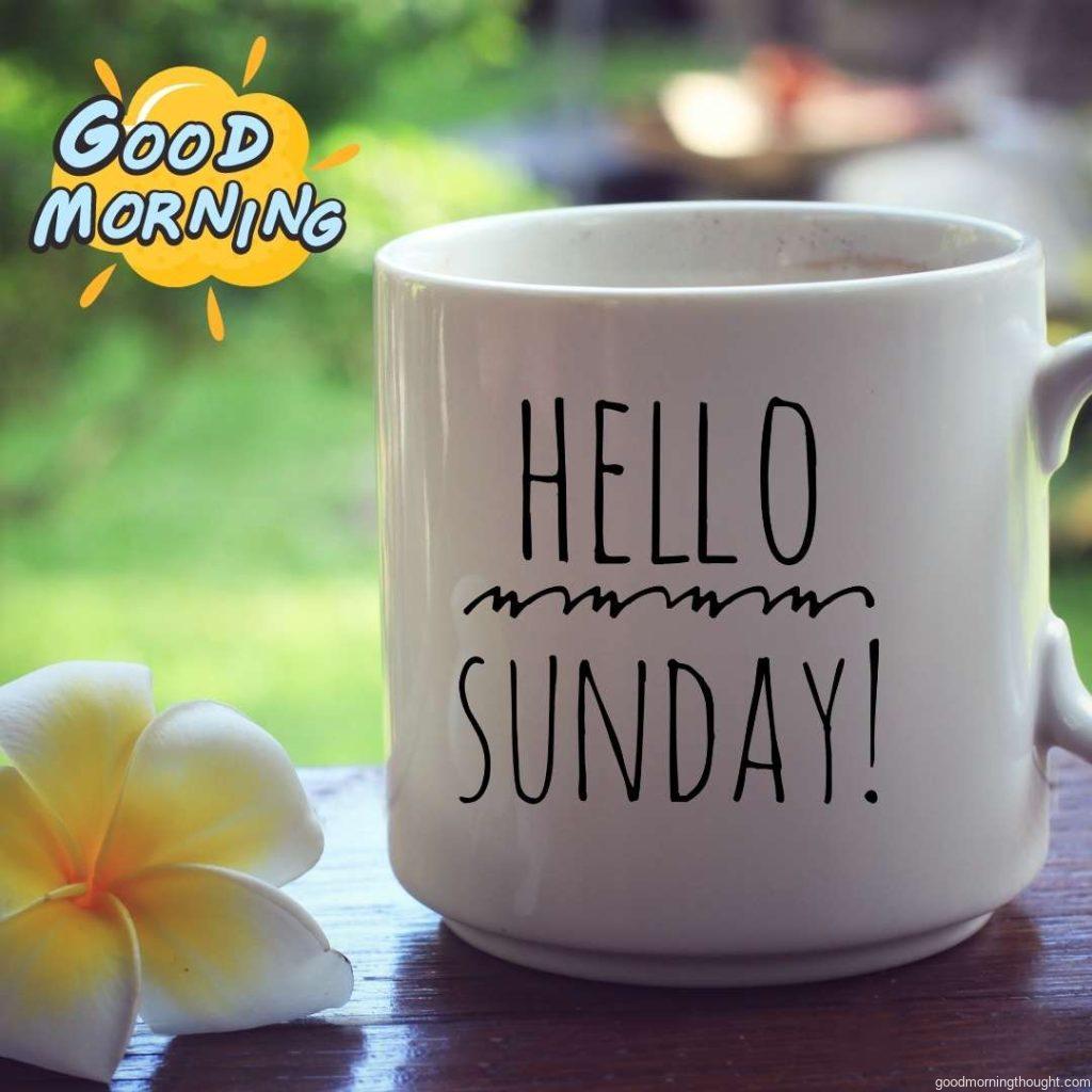 Beautiful relax Sunday with coffee drink with text greeting on white cup Hello Sunday