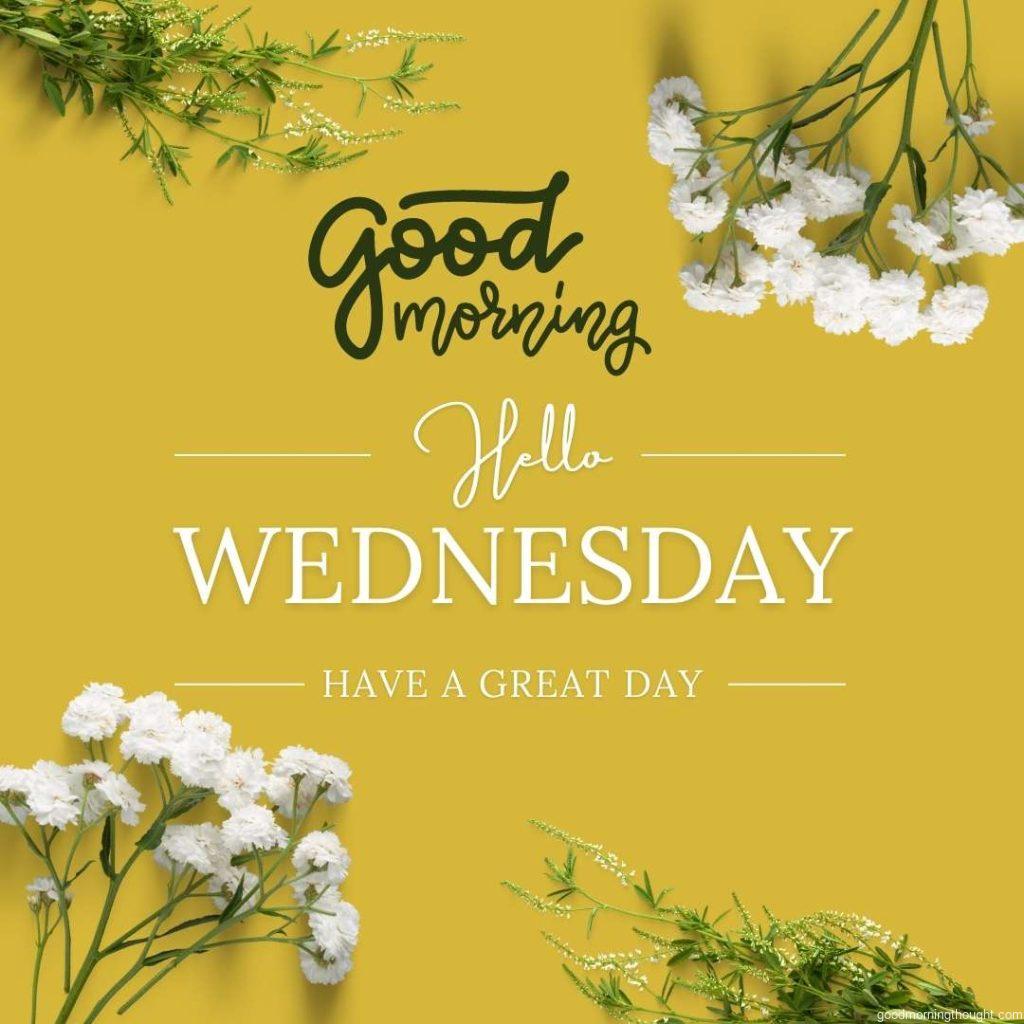 Blackish yellow background with flower cutout at four corners with Good Morning Wednesday message