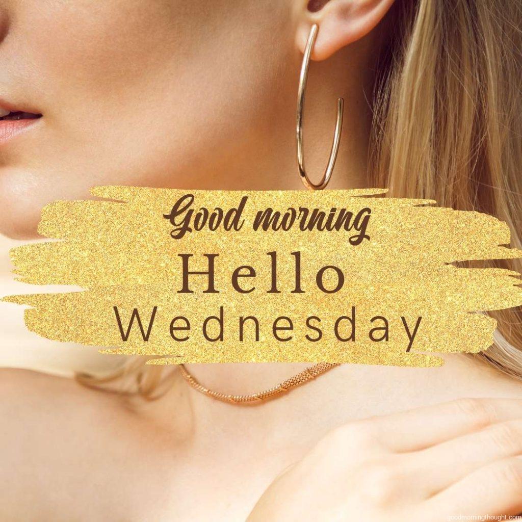 Close-up of beautiful young blonde women's neck with gold ear rings and tiney gold choker with Hello Wednesday message