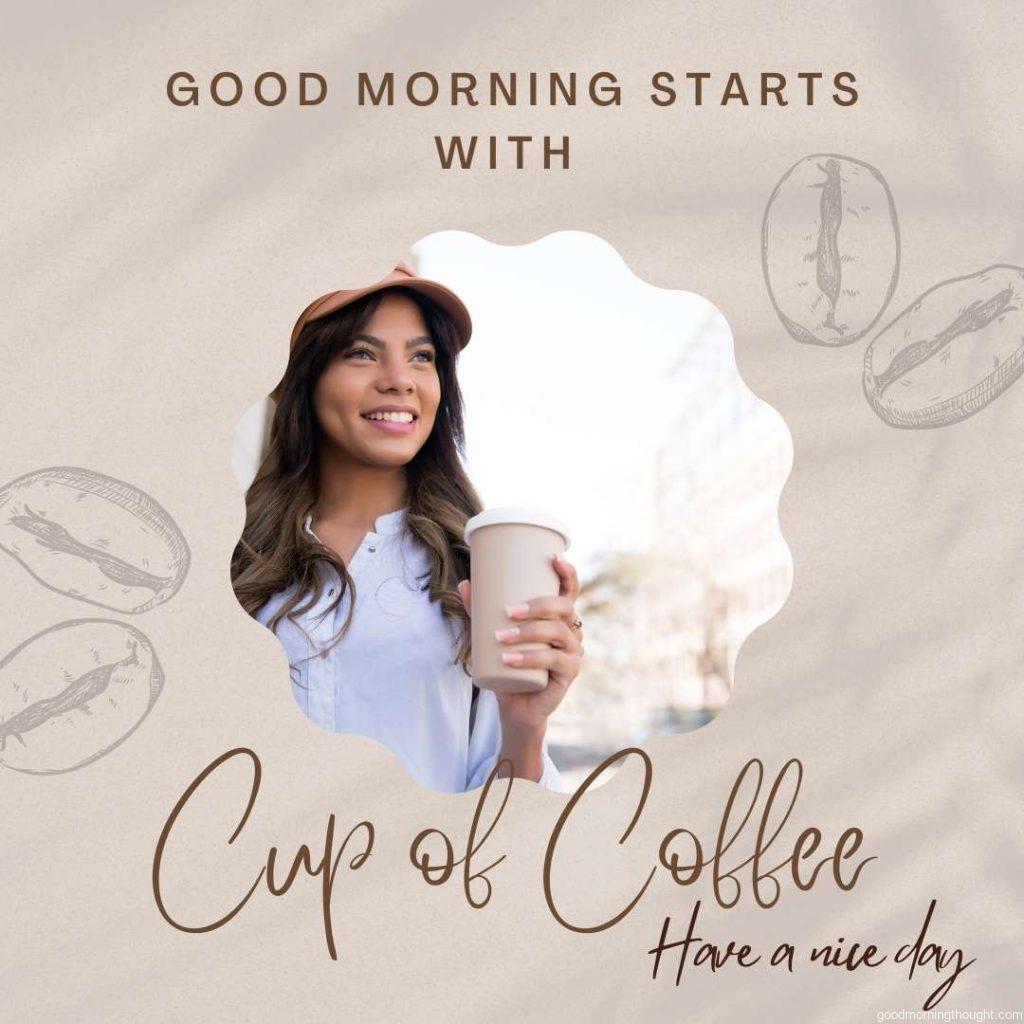 Copy space of shadow palm leaf on sand beach textured background. Young women holding cup of coffee