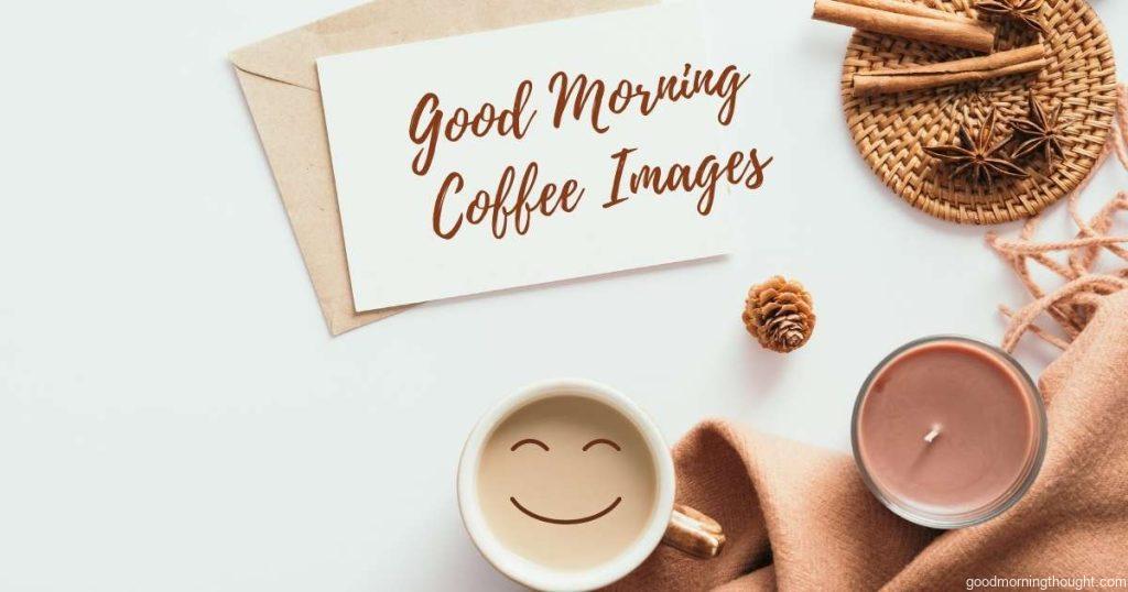 Feminine desk table with letter, blank paper card, brown scarf on white background with cup of coffee. Concept of good morning coffee images