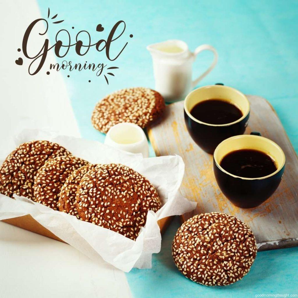 Fresh chocolate crispy cookies and sesame served with milk and two morning cups of Espresso