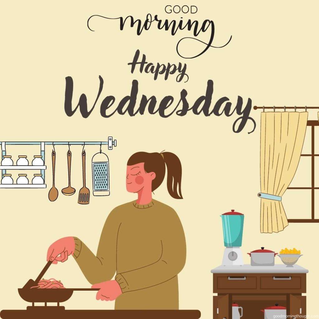 Girl cooking pasta at home illustration. Good Morning Wednesday Image