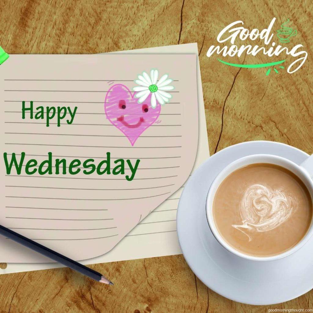 Happy Wednesday word and coffee cup on wooden background