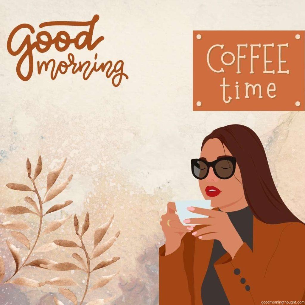 Illustration of girl drinking coffee. Young stylish girl sitting in cafe with good morning fancy text lettering