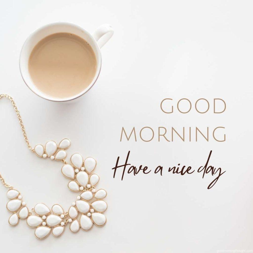 Lovely coffee cup near beautiful necklace with _have a nice day_ message