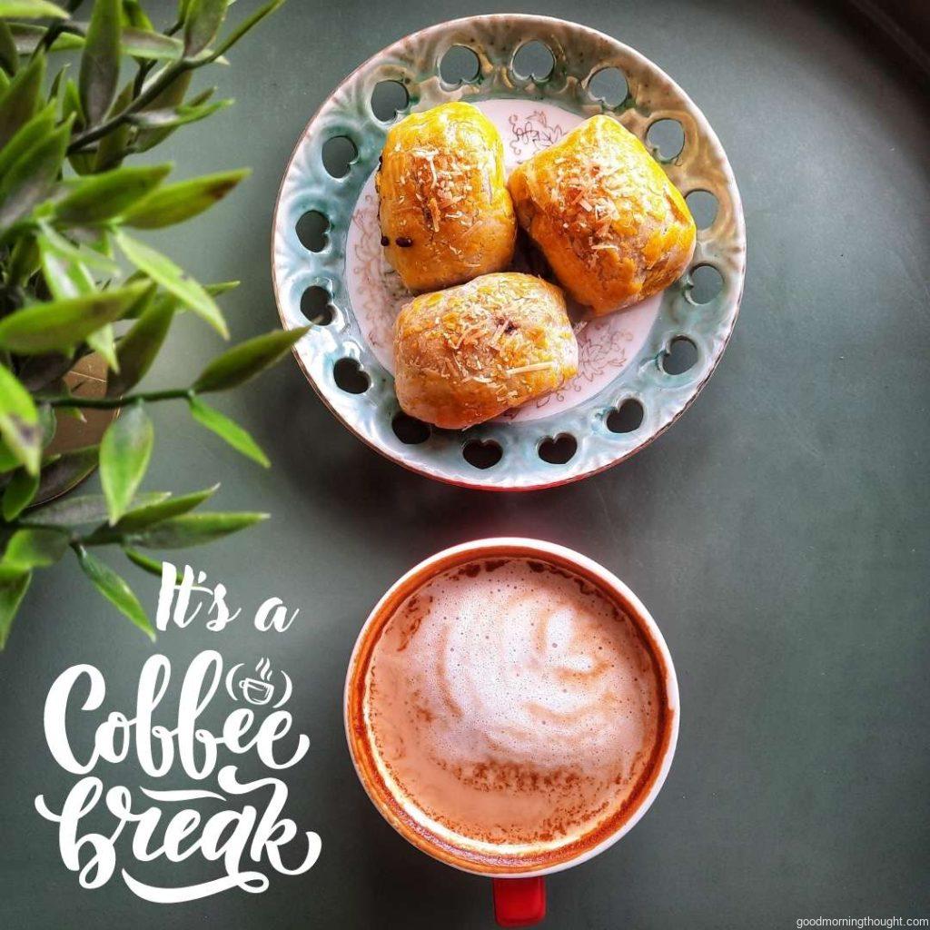 Morning coffee latte and pastry cake with banana and chocolate filling called bolen pisang in Indonesia