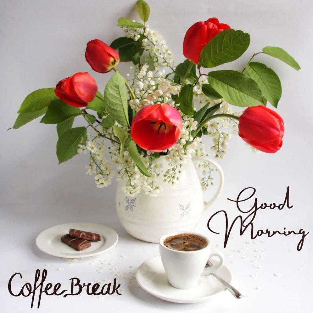 Morning coffee with lovely red and white flowers in pot