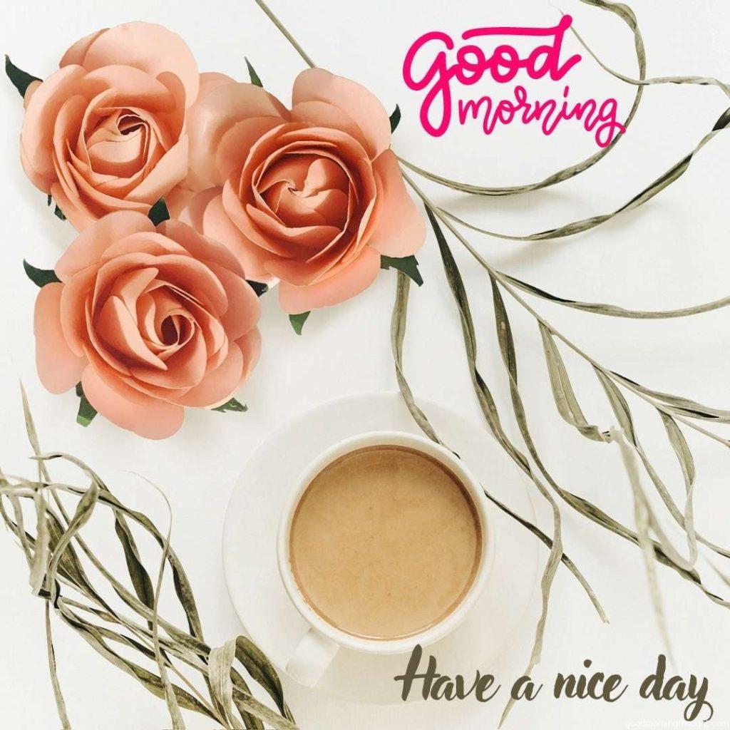 Morning cup of coffee with light pink rose at background