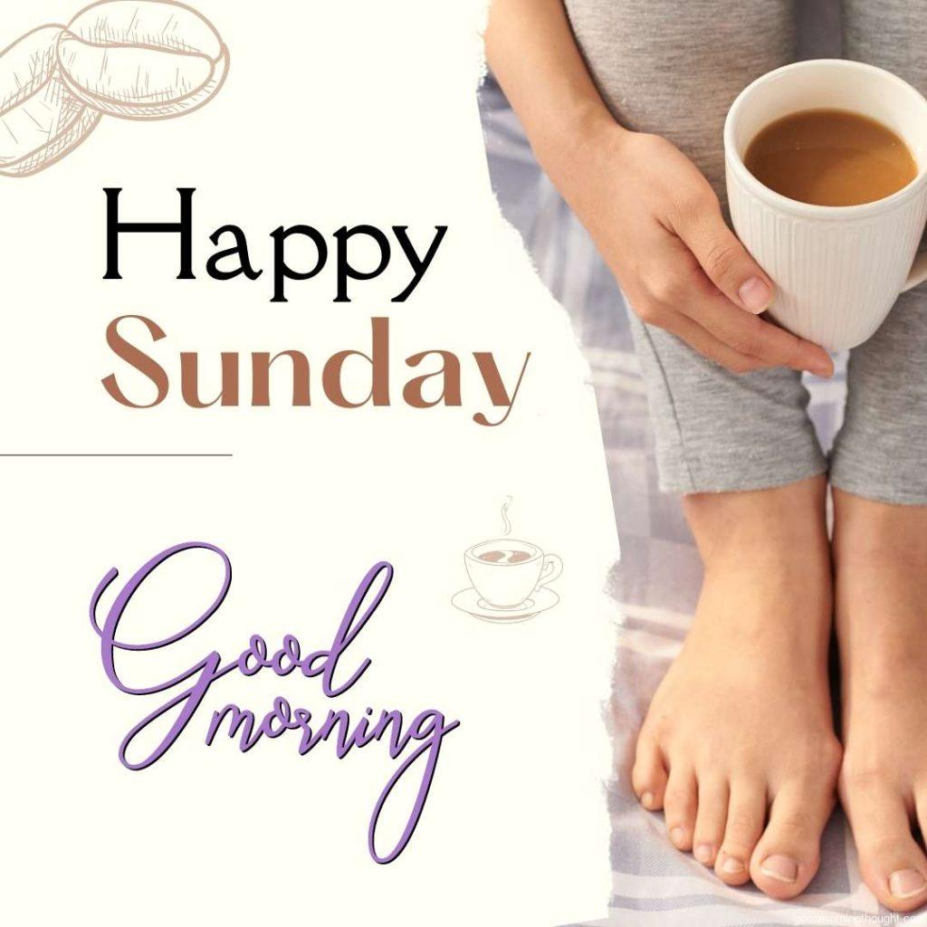 Unrecognizable women sitting on cozy bed and warming herself with tea. Good Morning Sunday Image