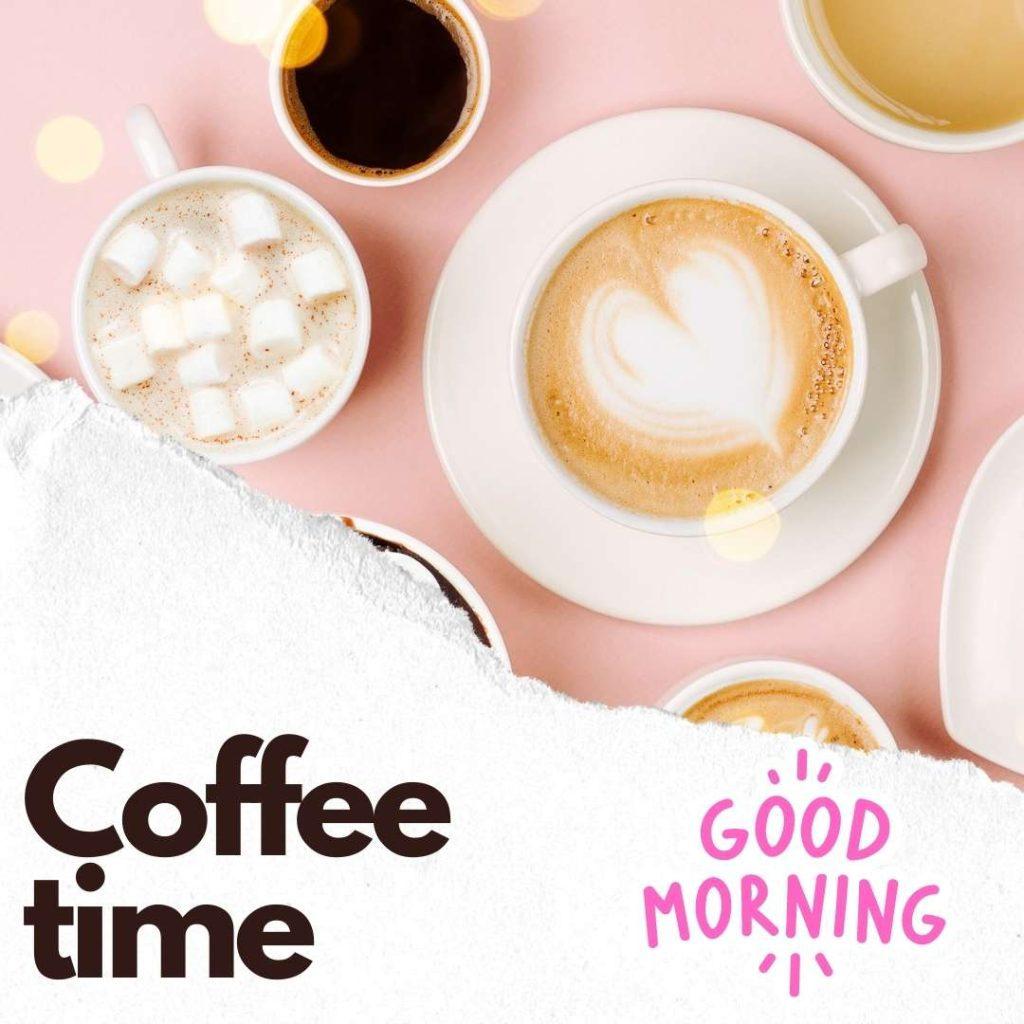 Various kinds of coffee in cups of different size on light pink background with coffee time text letter