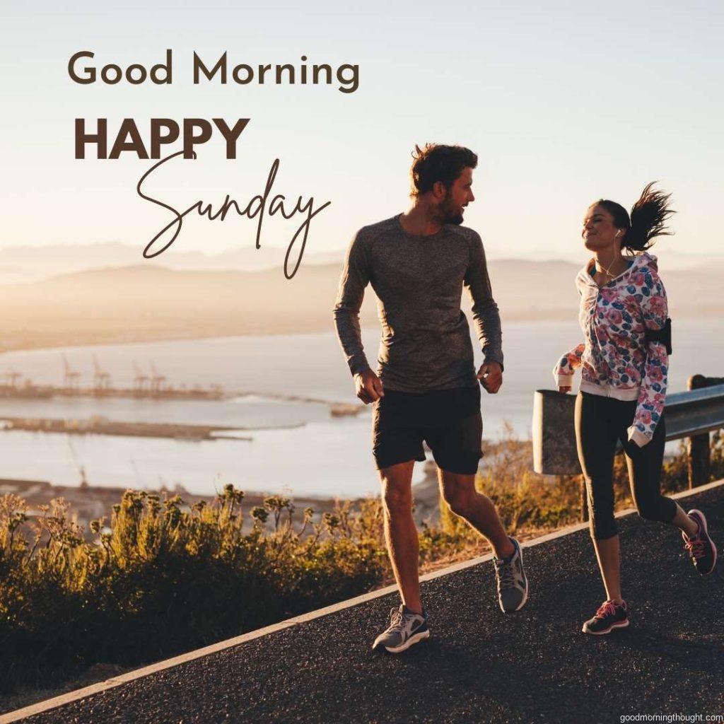 two peoples running on a country road in morning. Good Morning Sunday Images