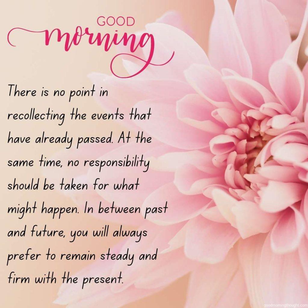 Dahlia flower on light pink background with morning quote