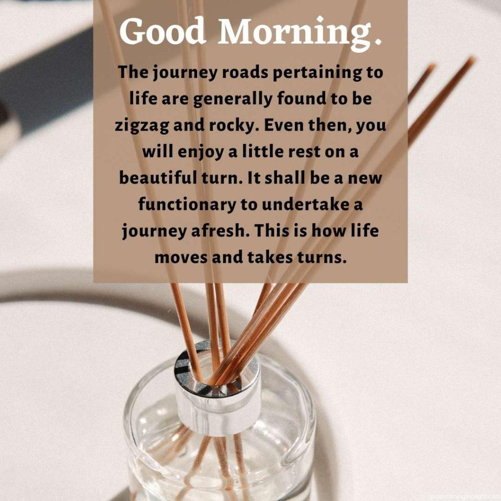 brown wooden sticks in glass bottle at background with good morning text message written on it