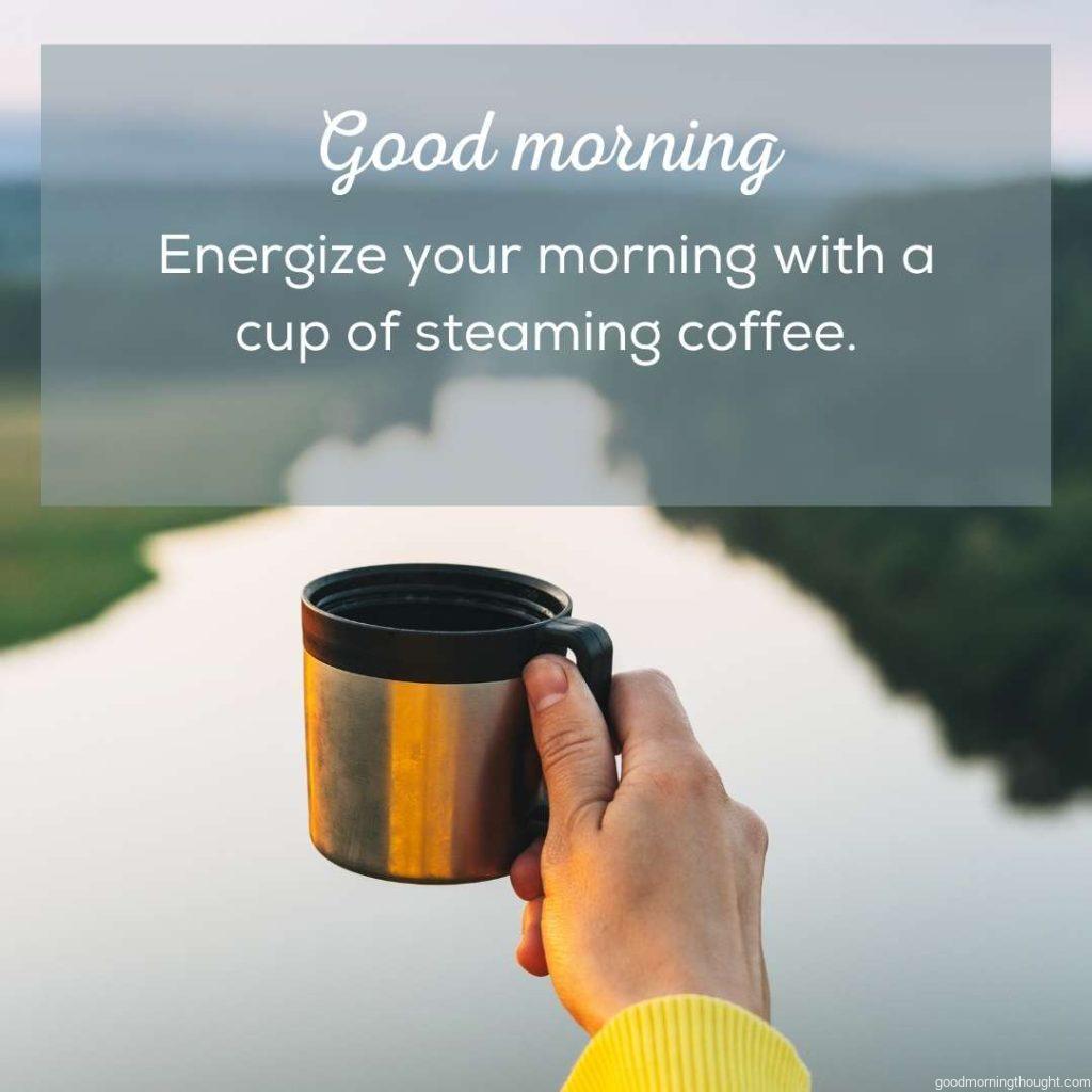 female hand with metal mug on background of beautiful view on morning calm river, forest and hills