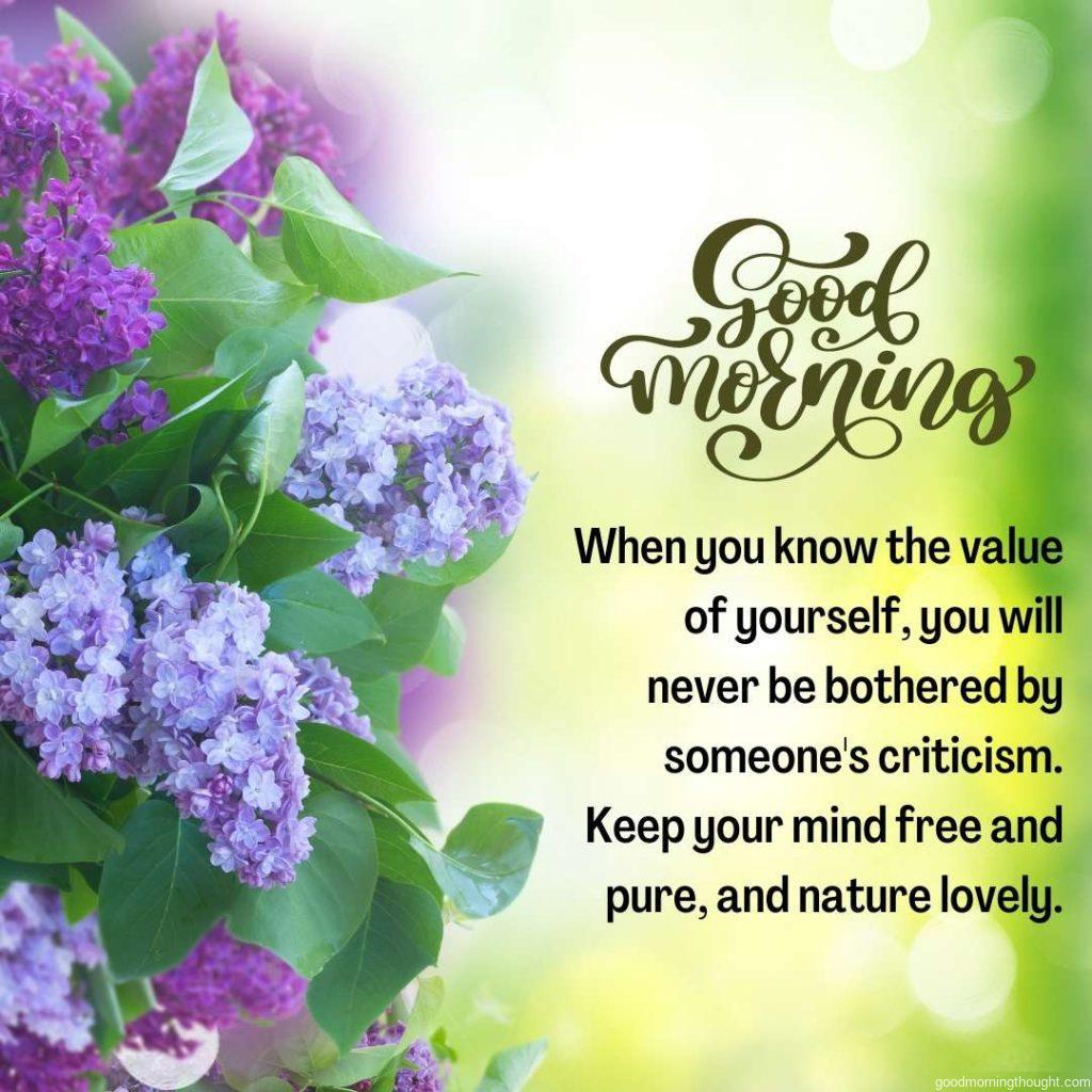 fresh lilac flowers with green leaves close up over green garden background and lovely good morning text written on background