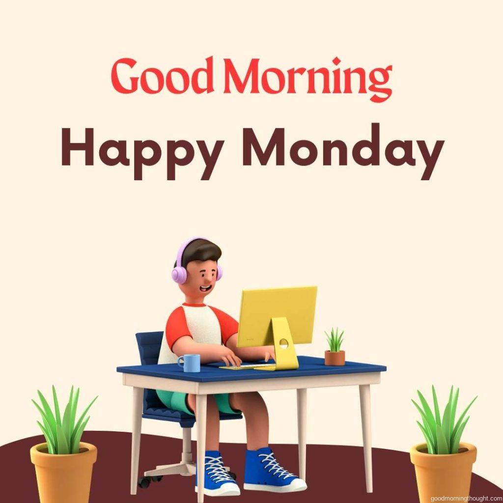 3D Business Elements Working On A Desk with _Good morning, happy Monday_ text written on it