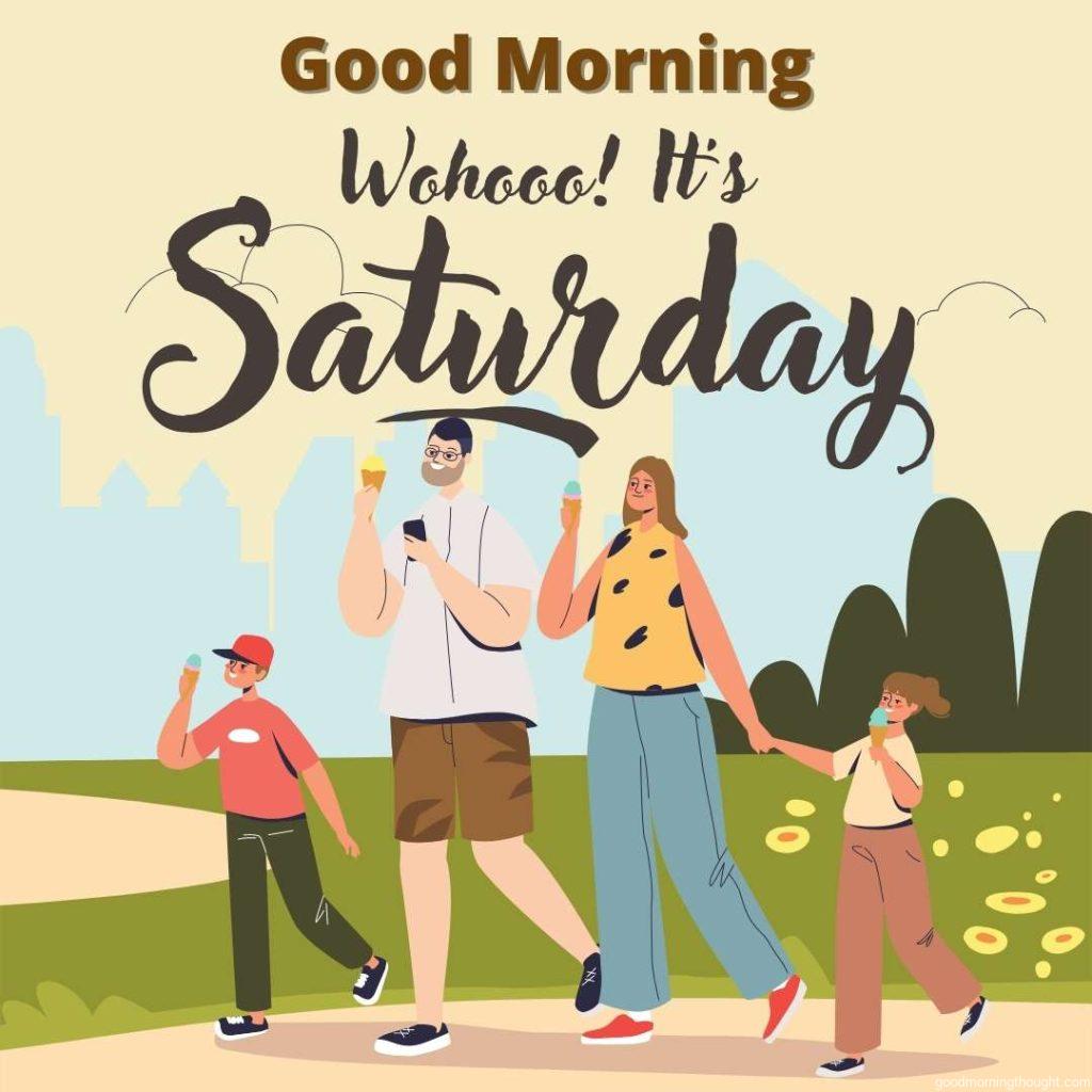 A happy family walks in the park, eating ice cream. A mom, dad, and two kids outdoors in summer nature together enjoy a cold dessert. Vector illustration, _Good Morning, It's Saturday_ text