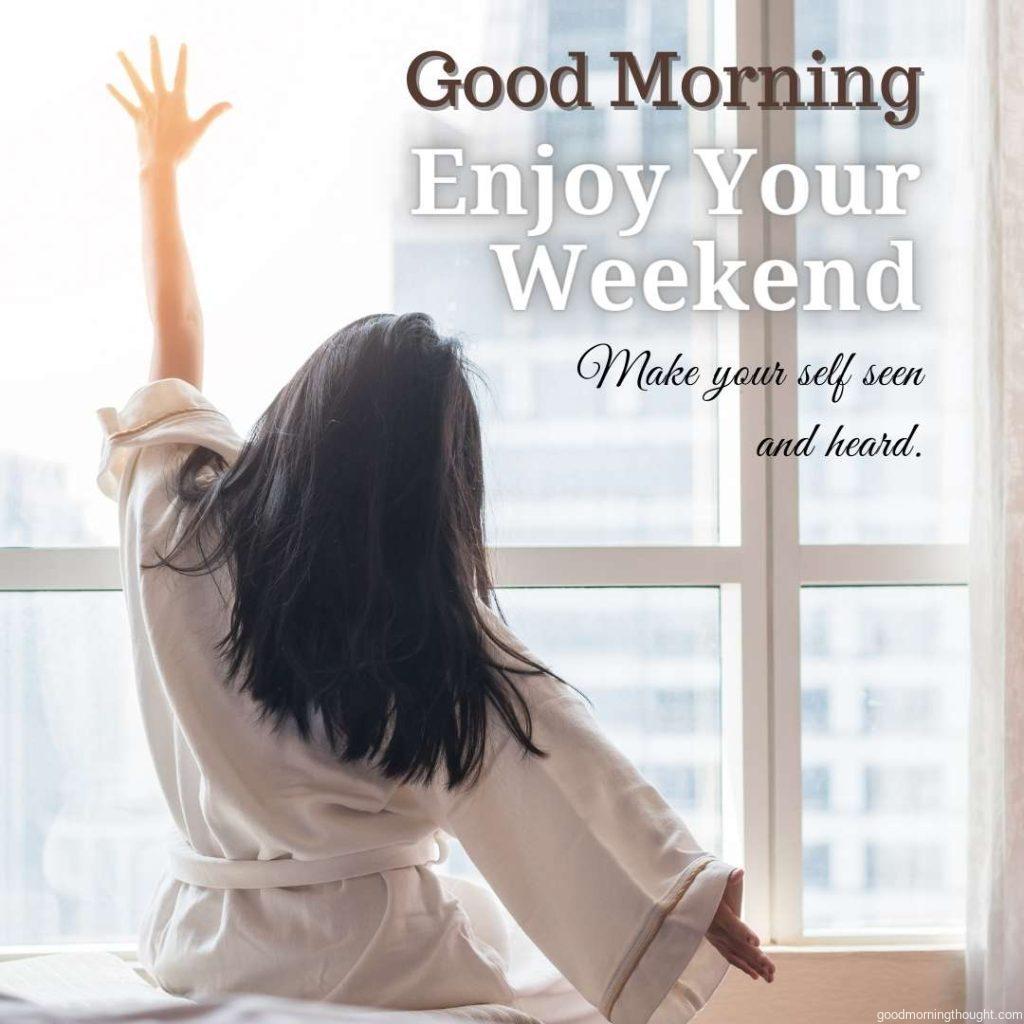 A happy work-life balance concept with an easy lifestyle Asian girl in bed has a good day waking up on the weekend morning. _Good Morning, Enjoy Your Weekend_ text