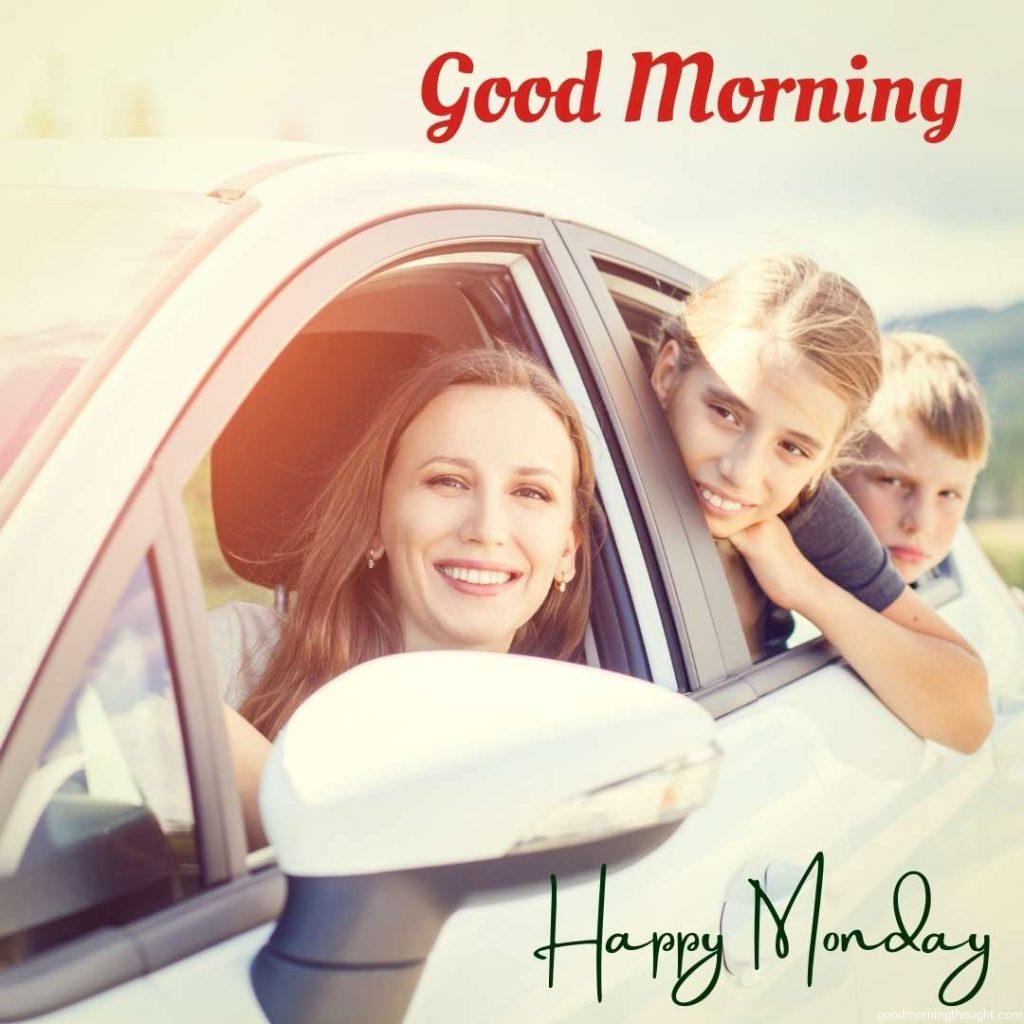 A happy young woman and her children sit in a car and look out the windows. Family travel in a warm-toned image with _Good morning, happy Monday text