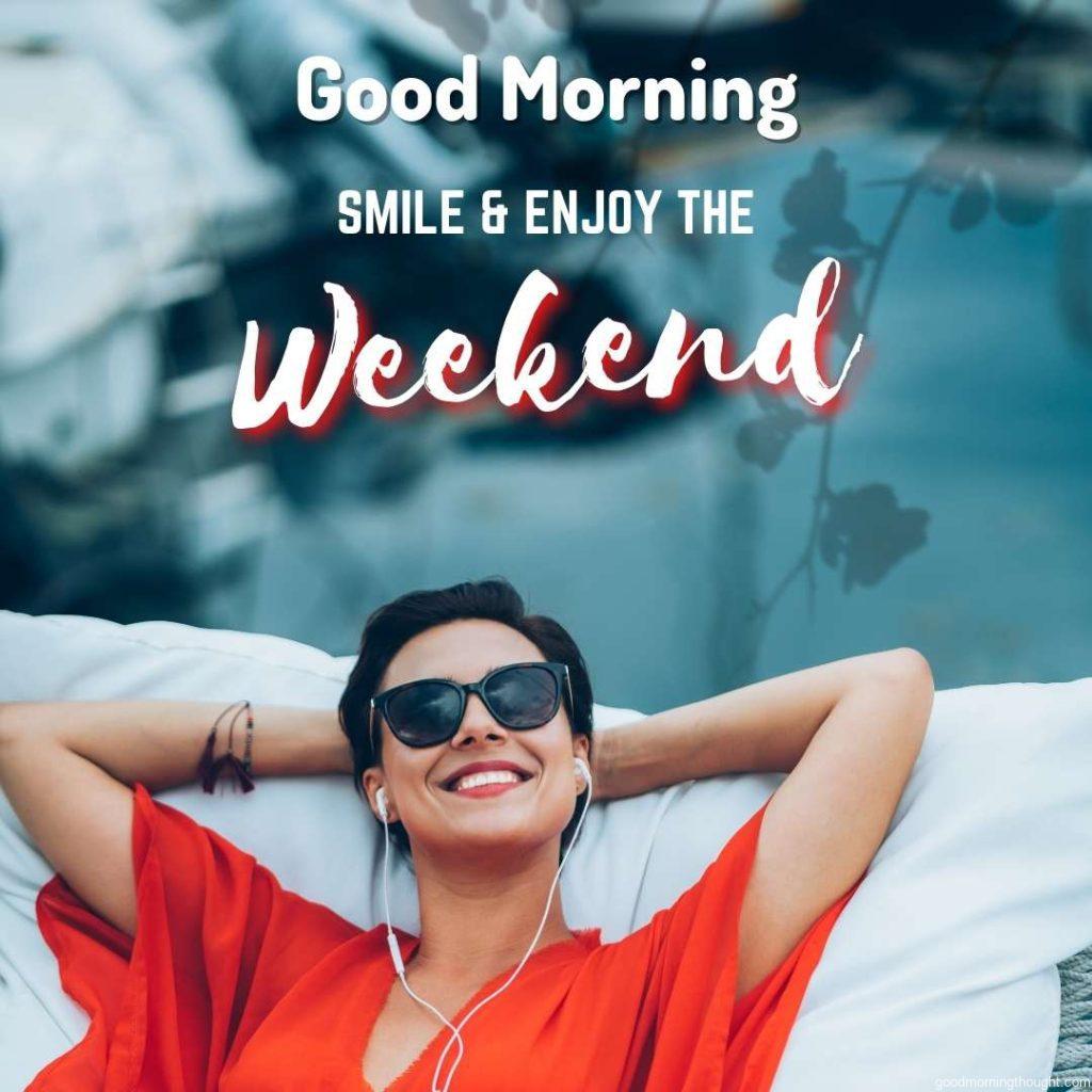 A relaxed woman in a hammock enjoys a beach vacation. _Good Morning, Smile, and Enjoy the Weekend_ text