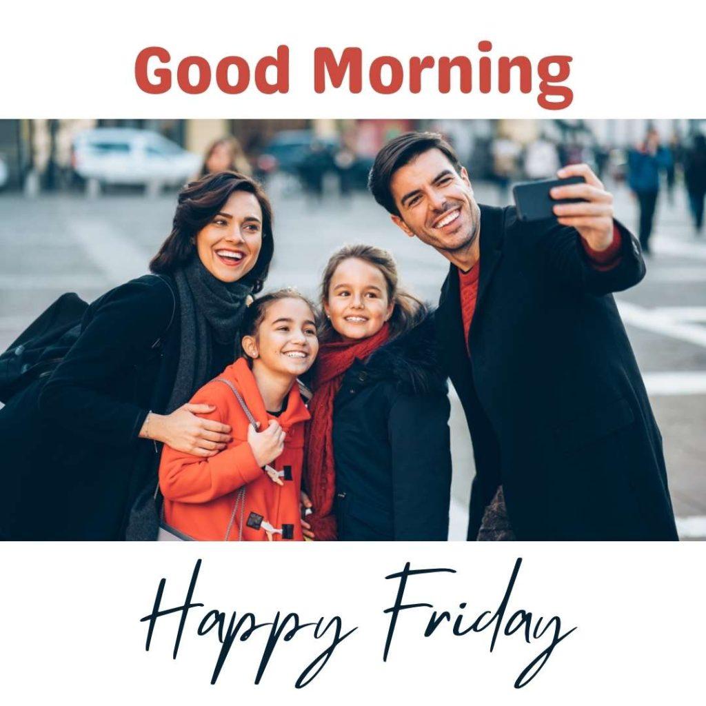 A smiling family with two daughters outside at Christmas shopping, taking selfies on mobile, enjoying Friday