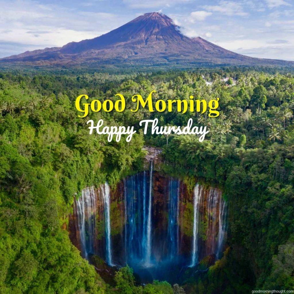 Aerial view of Semeru mountain with Tumpak Sewu waterfall located in Lumajang, Indonesia, _Good Morning, Happy Thursday_ text