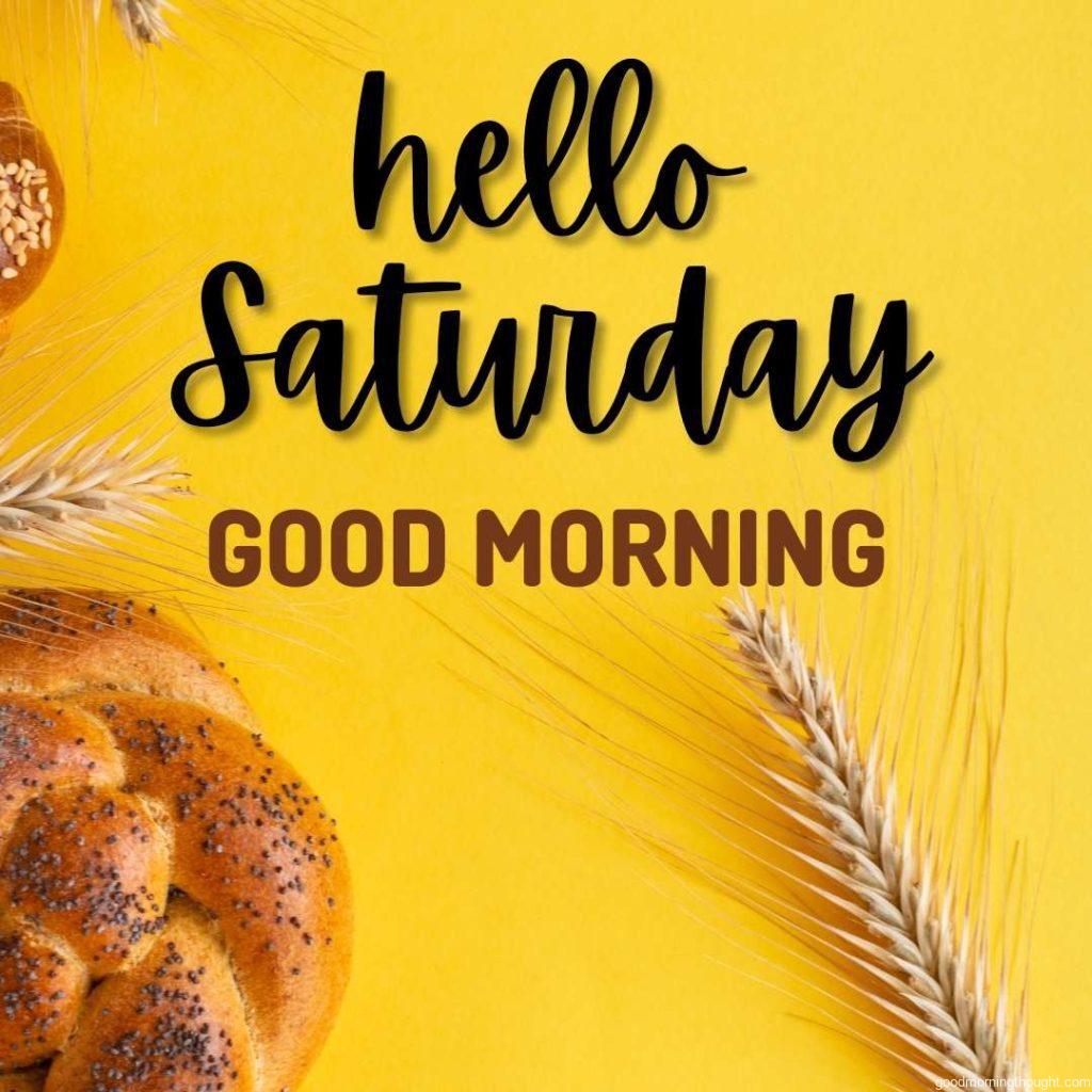 Fresh baked challah bread on rustic wooden background, top view, copy space, _Good Morning, Hello Saturday_ text