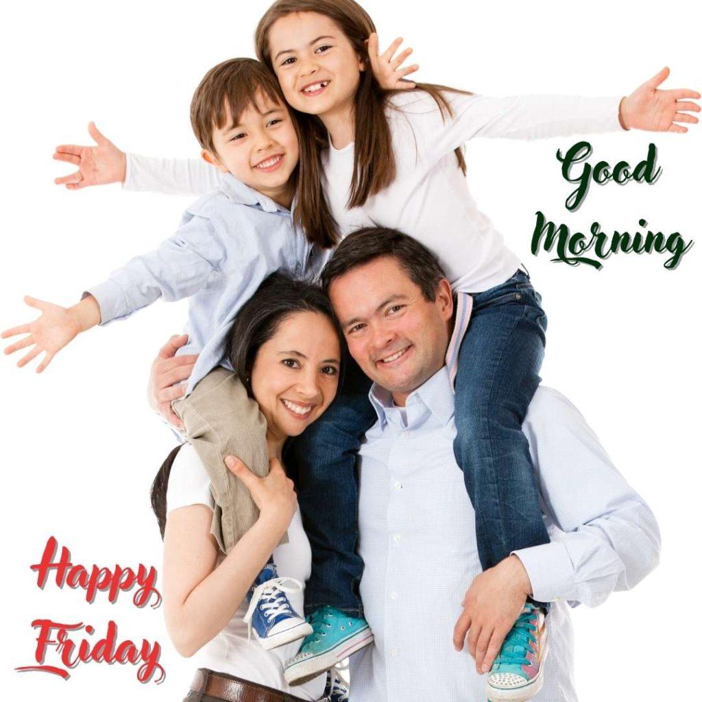 Happy family celebrating Friday with arms up