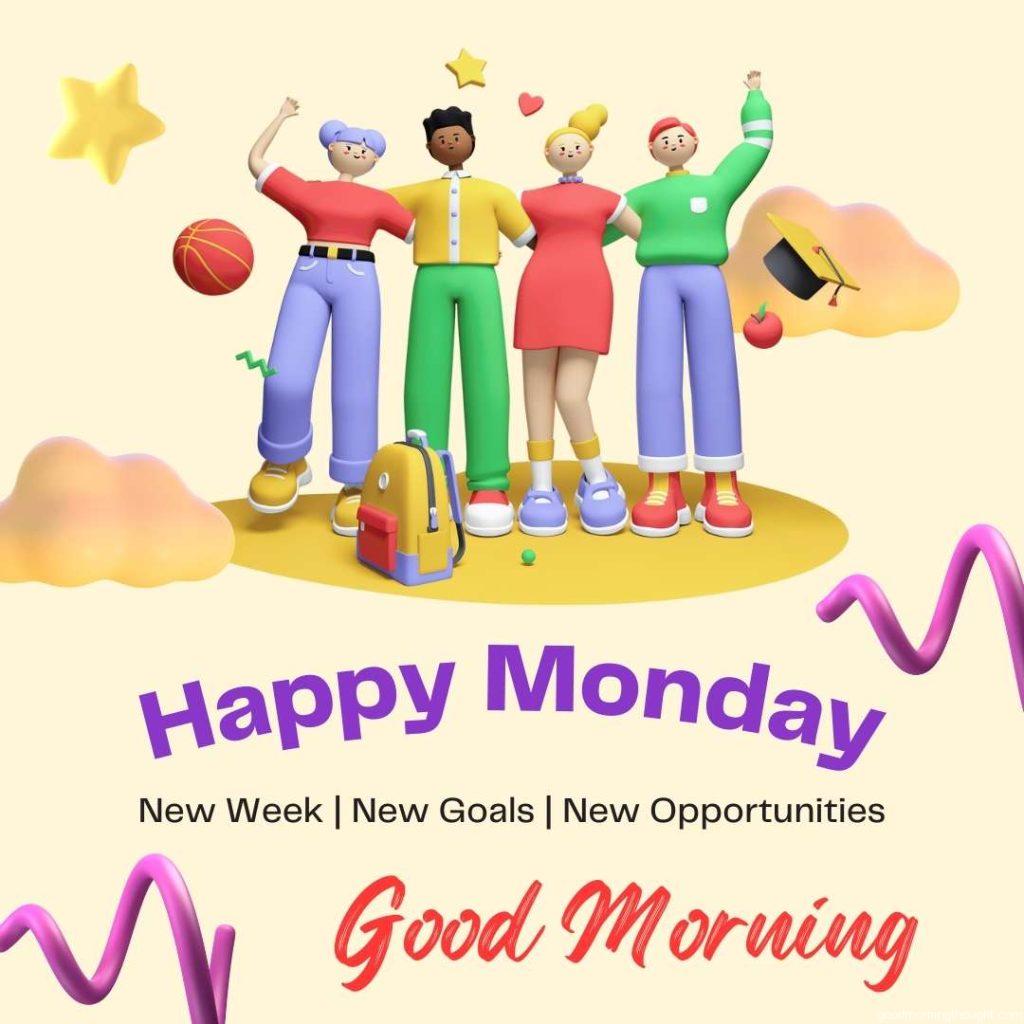 Happy students_ a colourful 3D-style illustration with _Good morning, happy Monday_ text is written on it