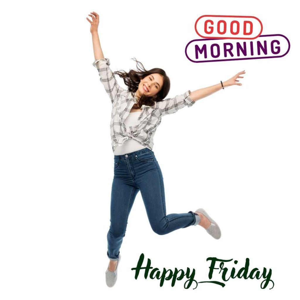 Happy young woman or teenage girl jumping over a white background. Good Morning, Happy Friday Images