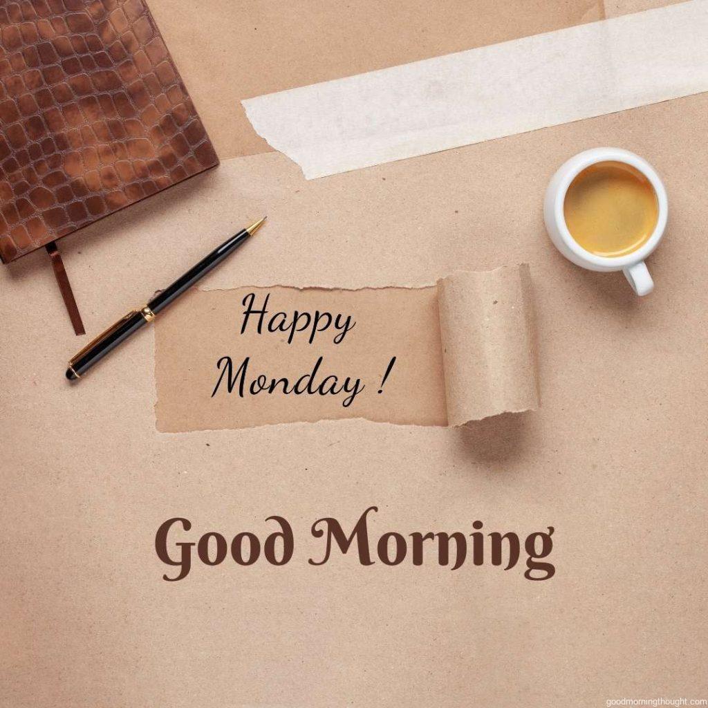 Kraft paper with a hole and words Thank God it's Monday, and the idea of a happy working life Happy Monday