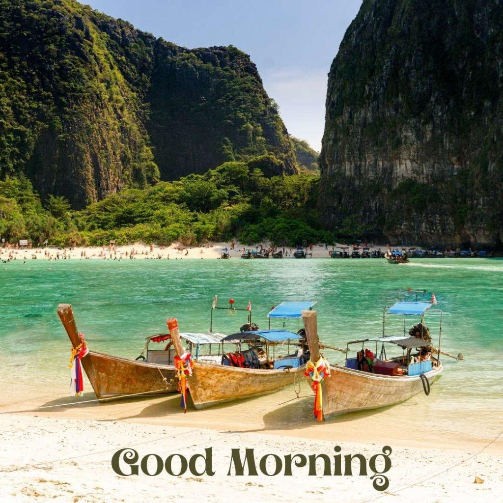 Long-tail boats on an island in Thailand in the morning