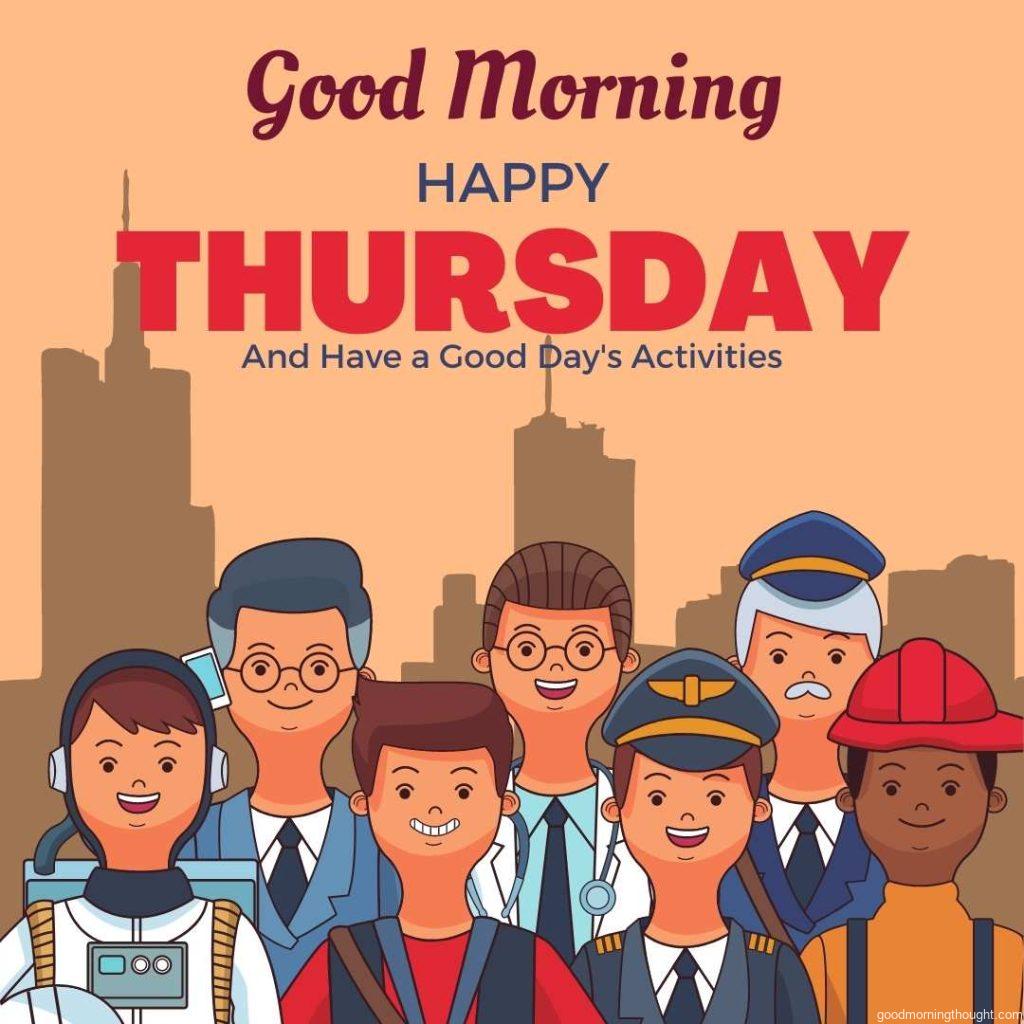 Male workers cartoons over a white background vector illustration graphic design with _Good Morning, Happy Thursday_ text