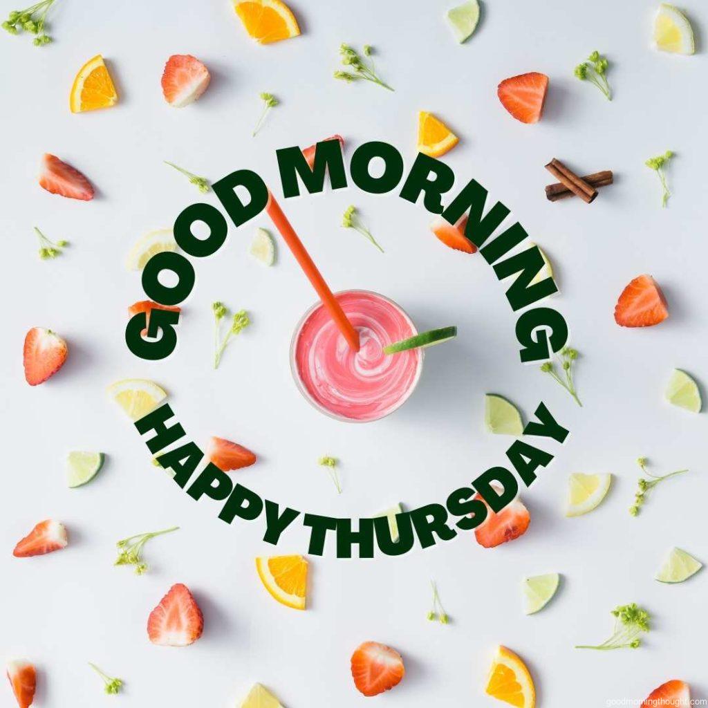 Morning smoothie, colourful pattern background with _Good Morning, Happy Thursday_ text