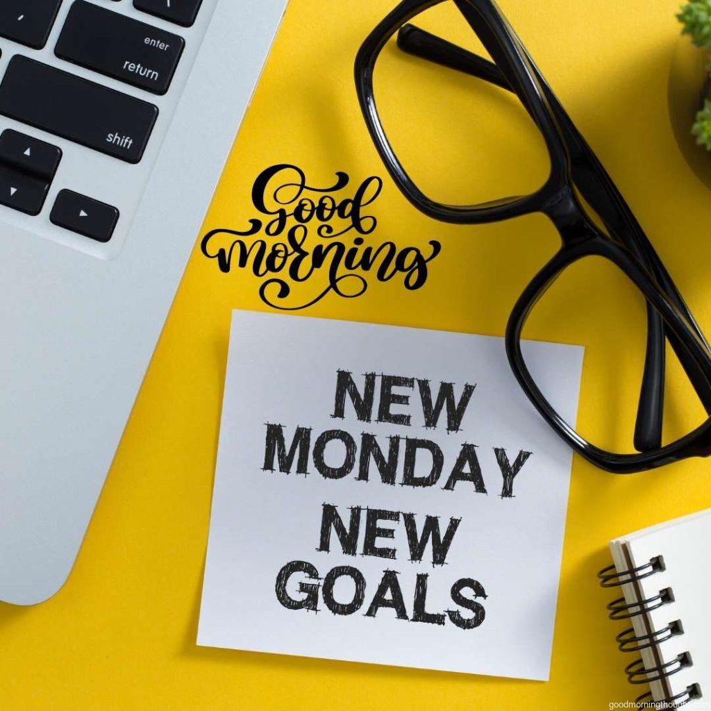 New Monday New Goals, Good Morning! Concept on Office Desk Top View