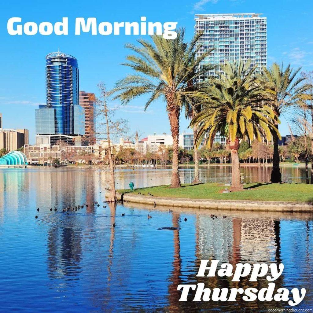 Person Standing on Dirt Surrounded by coconut trees in the background with _Good Morning, Happy Thursday_ text