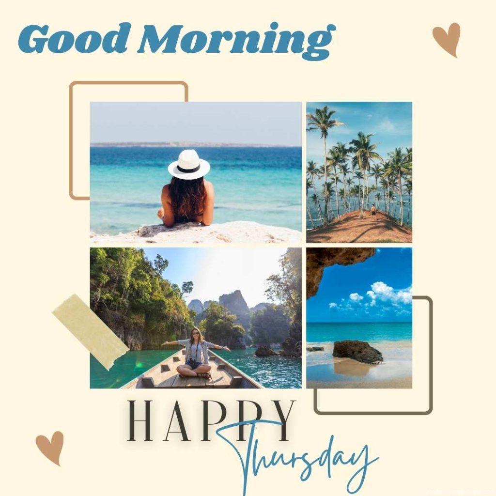 Person Standing on Dirt Surrounded by coconut trees in the background with _Good Morning, Happy Thursday_ text