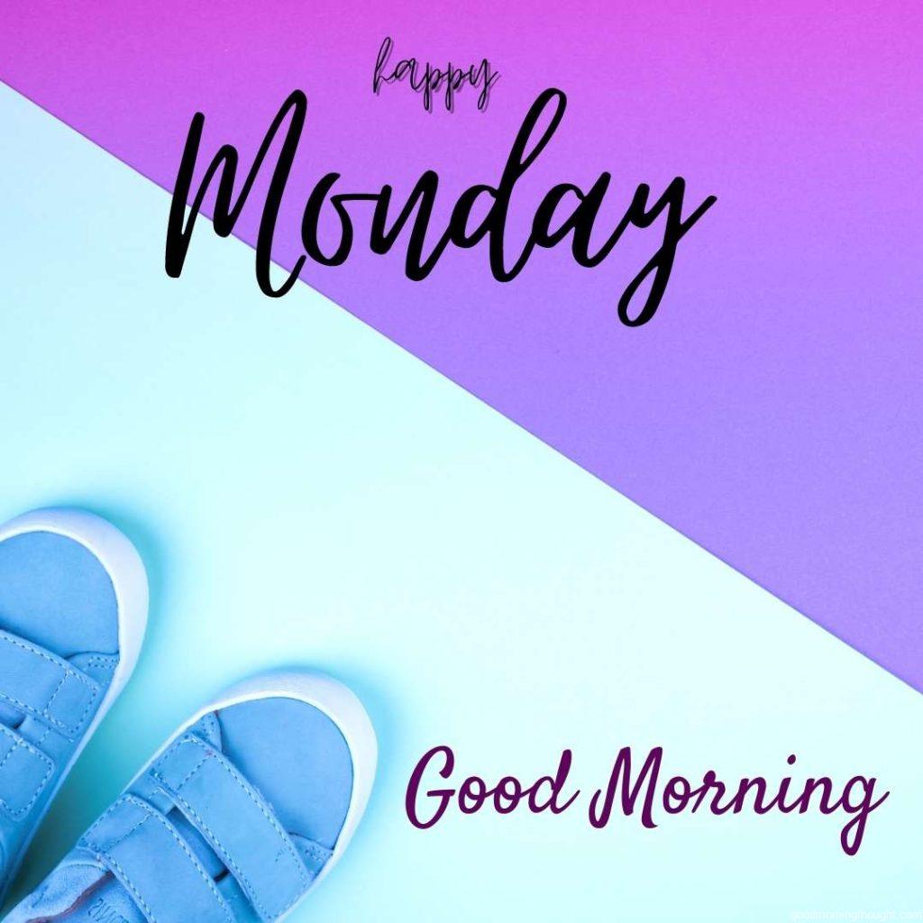 Sneakers on a trendy neon colour background, top view, summer shoes in the background, and _Good morning, happy Monday_ text is written on it