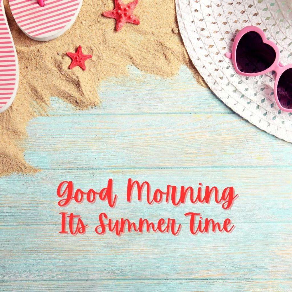 Summer items on wooden background. Good morning beach images