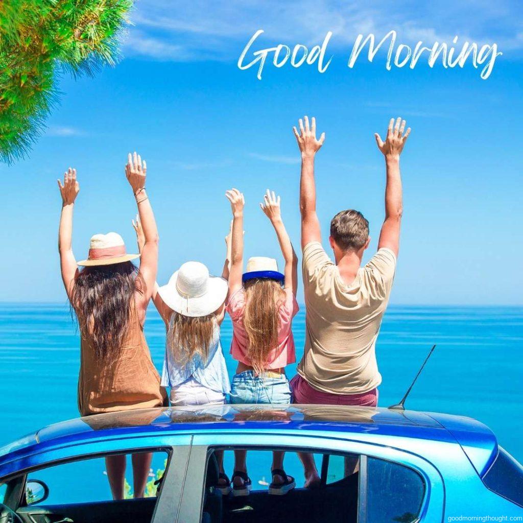 family looking on holidays on sea beach in the morning