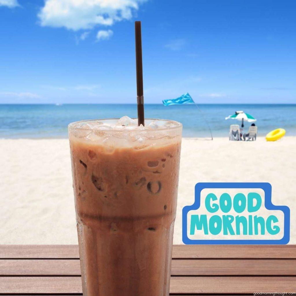 ice coffee on the beach in the morning