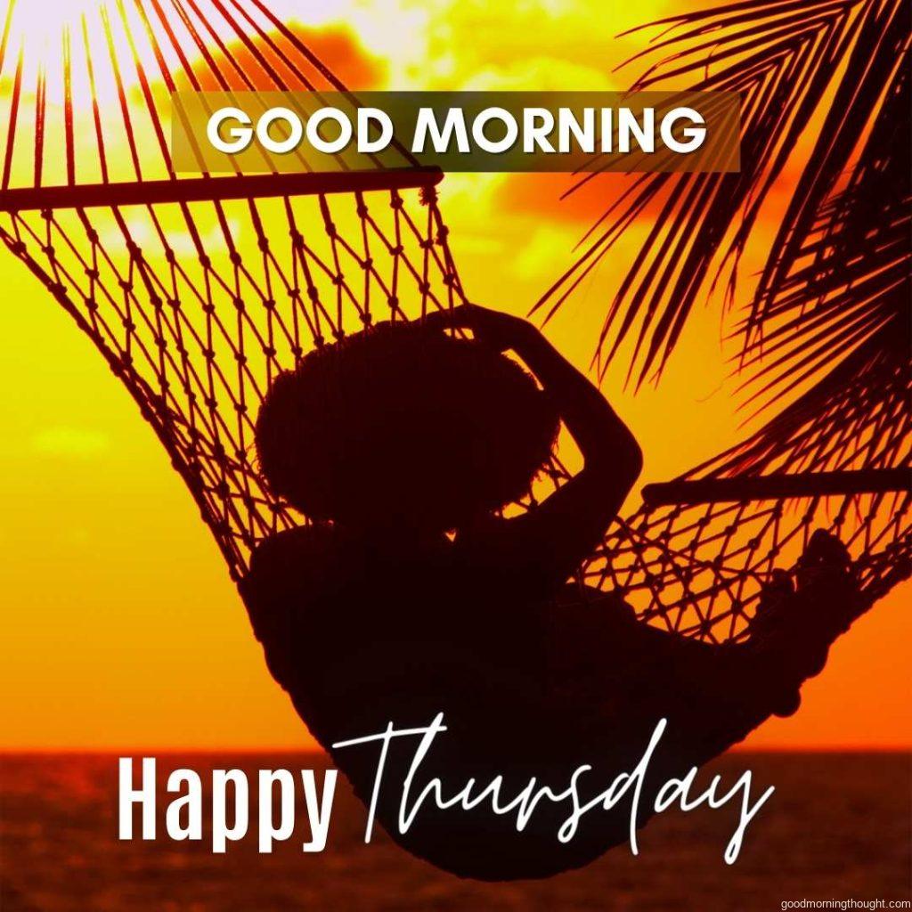 view of a woman lounging in a hammock with _Good Morning, Happy Thursday_ text