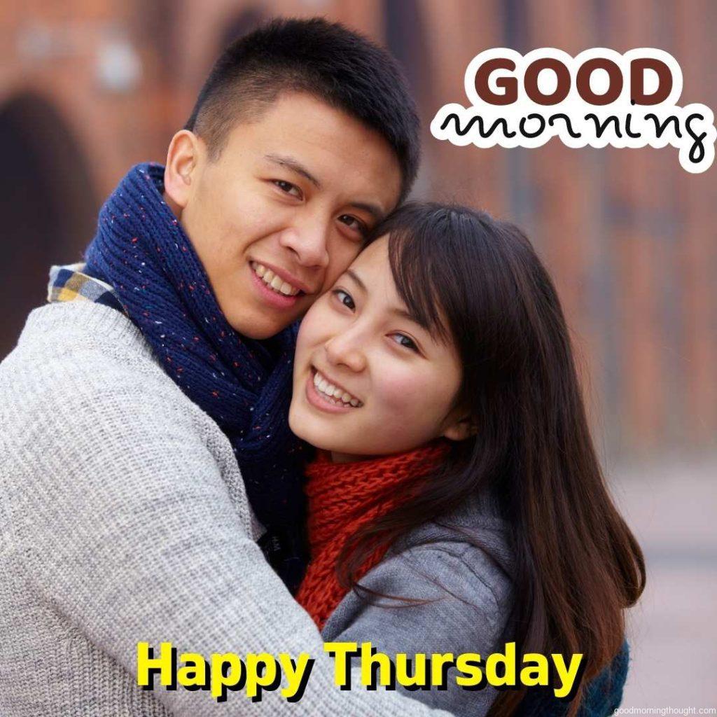 picture of a happy young lover holding together and saying, _Good morning, happy Thursday