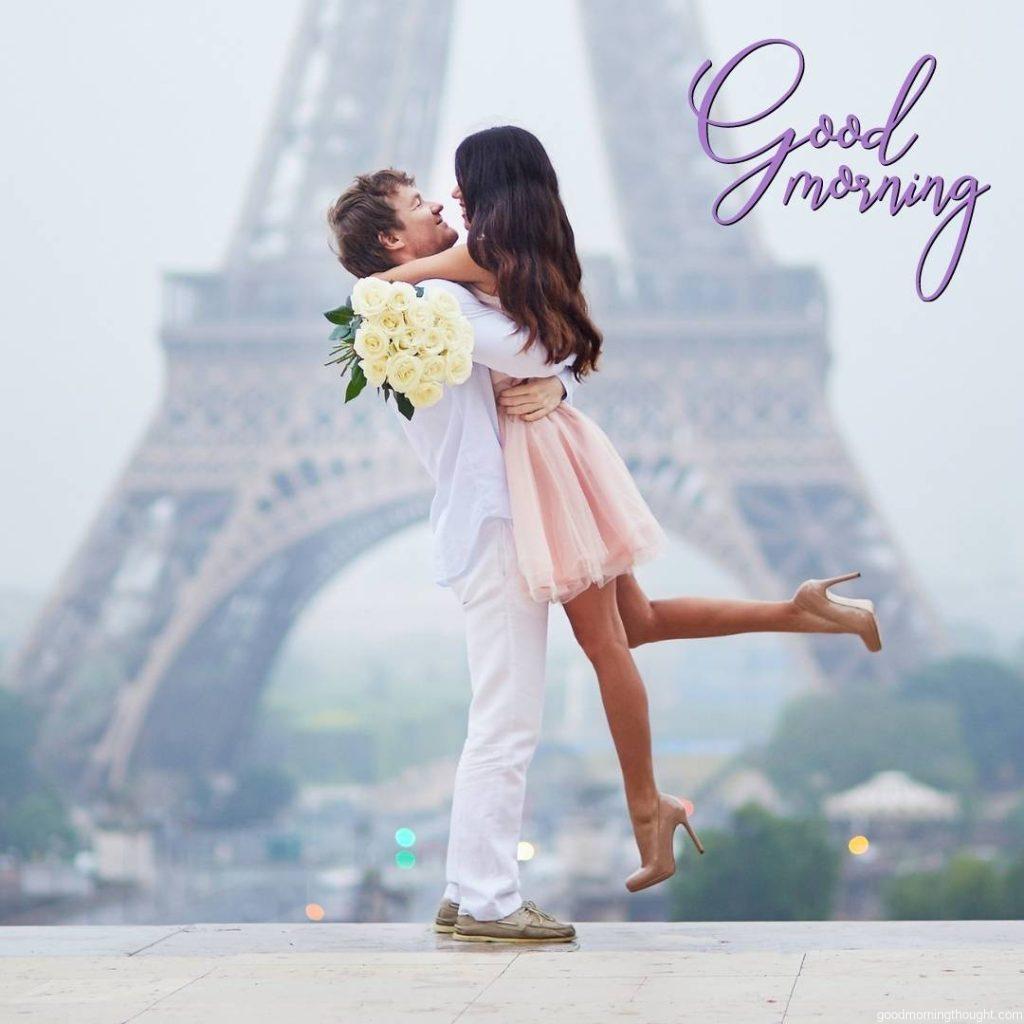 A Romantic Couple Together in Paris, Love Romantic Kiss Good Morning Image